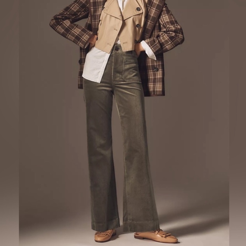 Anthroplogie Maeve Olive The Colette Corduroy Full-Length Wide-Leg Pants Size 28